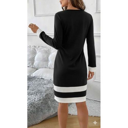 Kadın Uzun Kollu Yuvarlak Yaka Etek Ucu şerit Detaylı Mini Siyah Beyaz Dalgıç Elbise