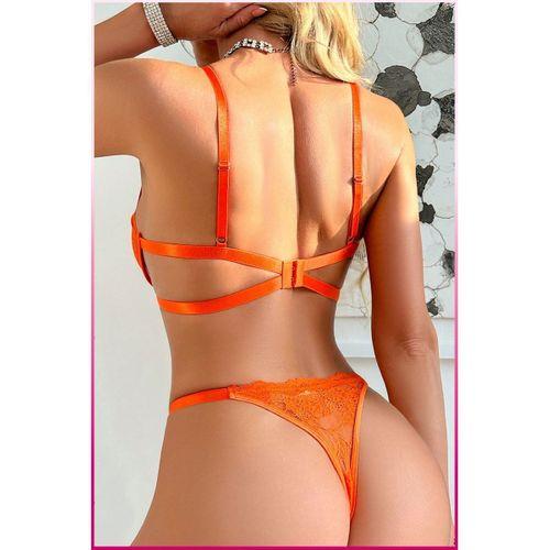 Kadın Oranj Dantelli Balenli Sütyen Külot Takım