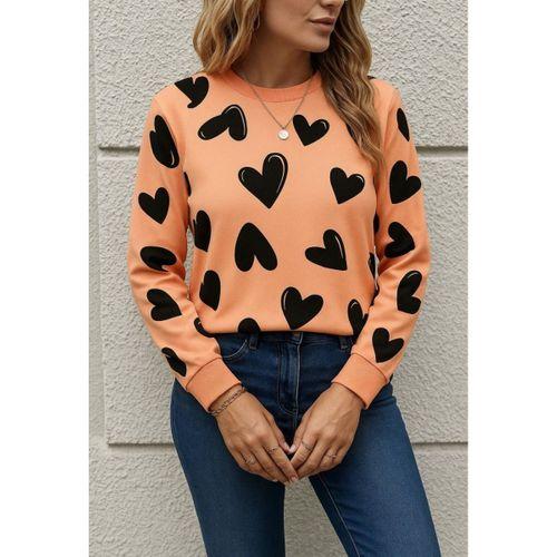 Kadın Uzun Kollu Bisiklet Yaka Kalp Desenli Iki Iplik Bluz