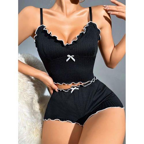 Kadın Siyah Fitilli Askılı Şortlu Pijama Takım 6659