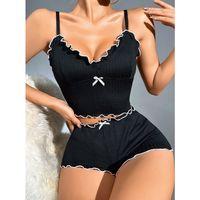 Kadın Siyah Fitilli Askılı Şortlu Pijama Takım 6659