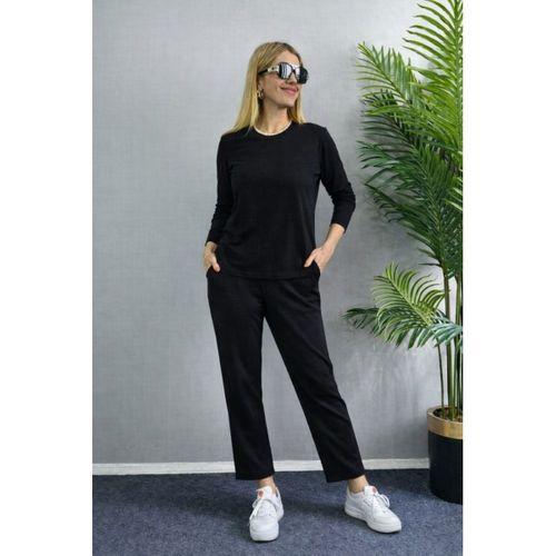 Kadın Uzun Kol Bisiklet Yaka Bürümcük Bluz Ve Pantolon Ikili Takım