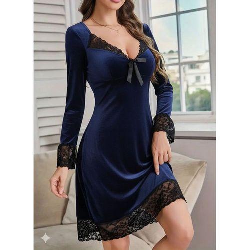 Kadın Uzun Kollu V Dantel Yakalı Mini Kadife Elbise