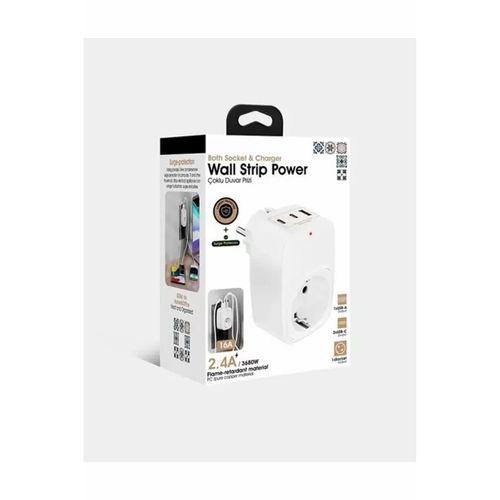 Tekli Yüksek Voltaj Korumalı Duvar Prizi 2x Type-c 1x Usb Çıkışlı Priz Grup Priz Çoğaltıcı Siyah