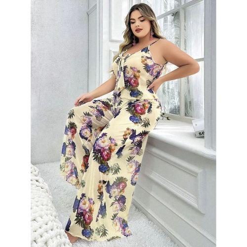 Özel Tasarım Büyük Beden Çiçek Desenli İnce Askılı 2'li Pijama Takımı