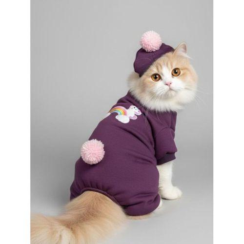 Purple Ponpon Pony Kedi Tulumu & Bere Takımı | Şardonlu Polar Kumaş | Tüy Dökülmesini Azaltır