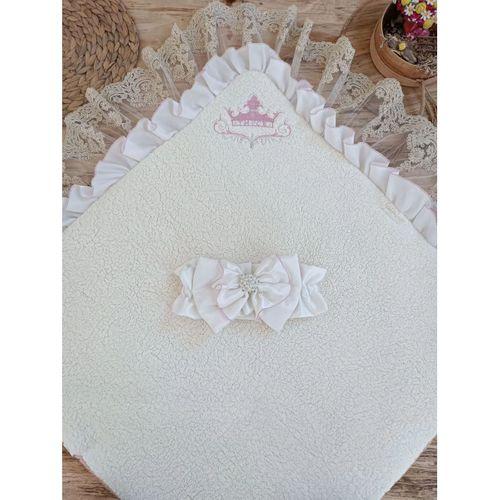 Yenidoğan Wool Yün Kumaş Taç Nakışlı Güpür Duvaklı Fiyonk Prizma Taş Unisex Kundak Bebek Battaniyesi Pembe