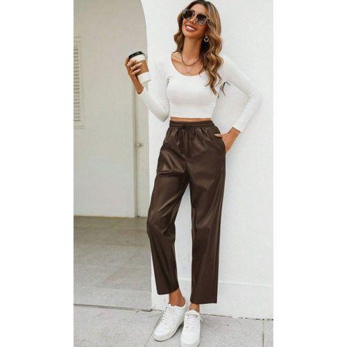 Kadın Yüksel Bel Bağcıklı Deri Pantolon