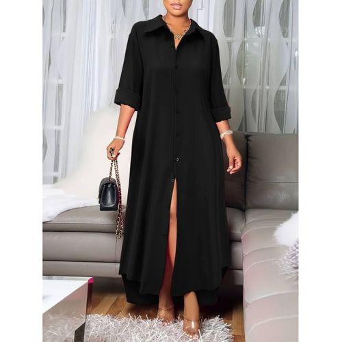 Lucky Life Kadın Uzun Kollu Yakalı önden Düğmeli Uzun Dokuma Elbise