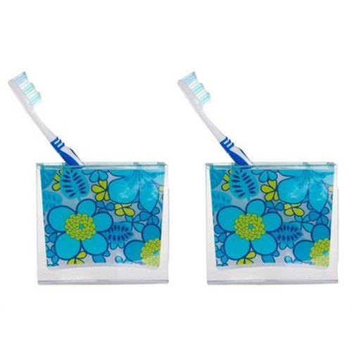 2 Adet Diş Fırçalık Mavi Çiçekli Akrilik 10X10X3Cm Banyo Seti