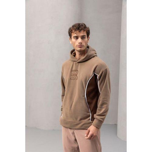 Frank Parçalı Kontrast Desenli Kapüşonlu Oversize Cepli Polar Erkek Sweatshirt - Bej