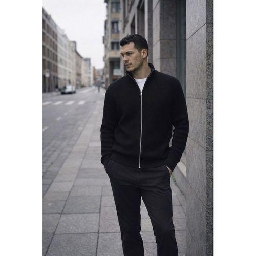 Woody Oversize Selanik Örme Fermuarlı Erkek Hırka- Siyah