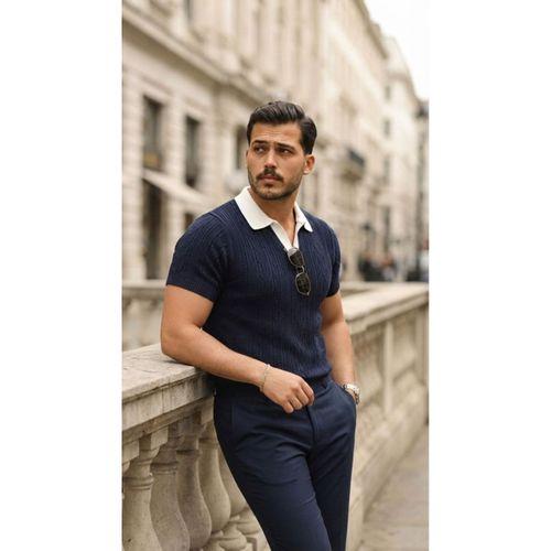 Erkek Desenli Kısa Kollu Triko Tişört - %100 Pamuk Akrilik