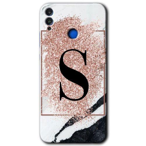 MRCİLETİSİM Honor 8x Kılıf HD Desen Baskılı Arka Kapak + Temperli Cam - Pembe Mermer Desenli S Harfi