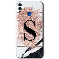 MRCİLETİSİM Honor 8x Kılıf HD Desen Baskılı Arka Kapak + Temperli Cam - Pembe Mermer Desenli S Harfi