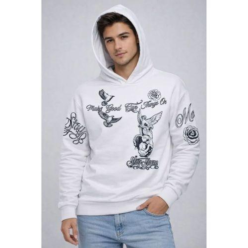 Erkek 3 İplik Pamuklu Kapüşonlu Baskılı SweatShirt Hoodie - Beyaz