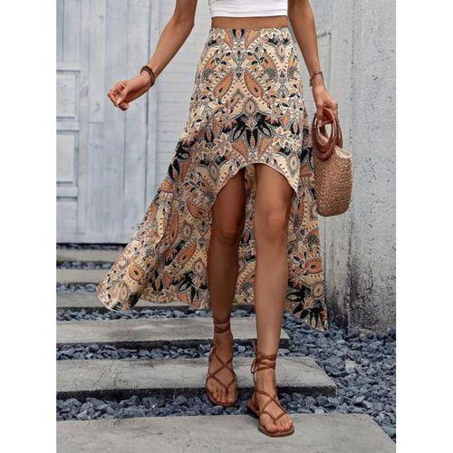 Kadın Yüksek Bel çiçek Desenli önü Asimetrik Detaylı Uzun Süprem Etek
