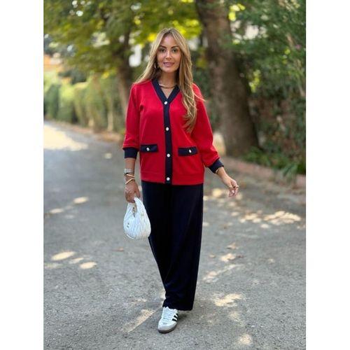 Kadın Uzun Kollu Ribanali Cep Detay Hırka Ve Bol Paça Pantolon Ikili Takım