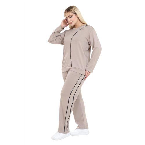 Melsay Butik Büyük Beden Bej Lacivert Çizgi Detay Modal Kadın Eşofman Takımı
