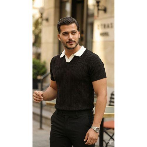 Erkek Desenli Kısa Kollu Triko Tişört - %100 Pamuk Akrilik