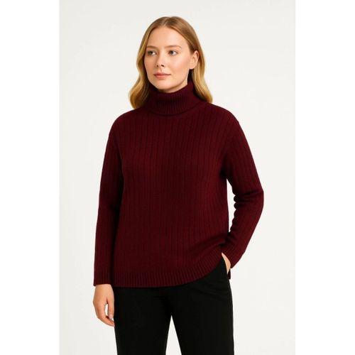 Balıkcı Yaka Bağazlı Triko Kazak Pamuklu Kalın Fitilli Dokuma - Bordo