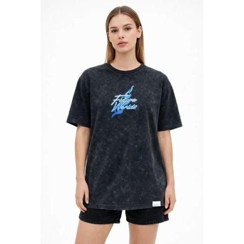 Asit Yıkamalı Oversize Tişört Future Worlds Baskılı Bisiklet Yaka Kısa Kollu Streetwear %100 Pamuk Street Style T-Shirt - Siyah