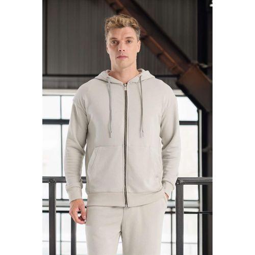 Haneke Regular Kalıp Diagonal 3 İplik Fermuarlı Kapüşonlu Erkek Sweatshirt - Mineral Gri