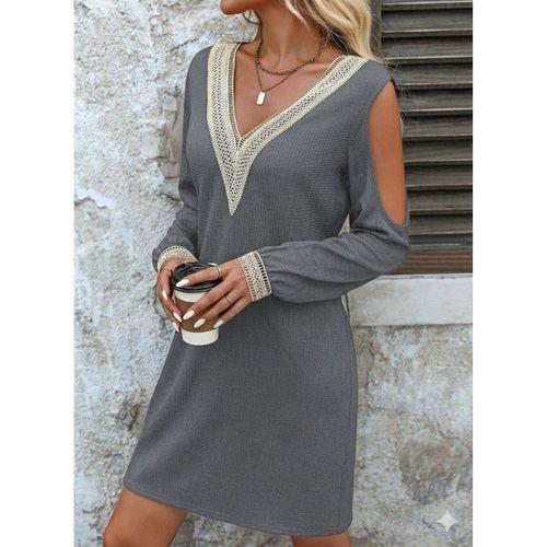 Kadın Uzun Kollu Omuzdan Açık V Dantel Yakalı Mini Waffle Elbise