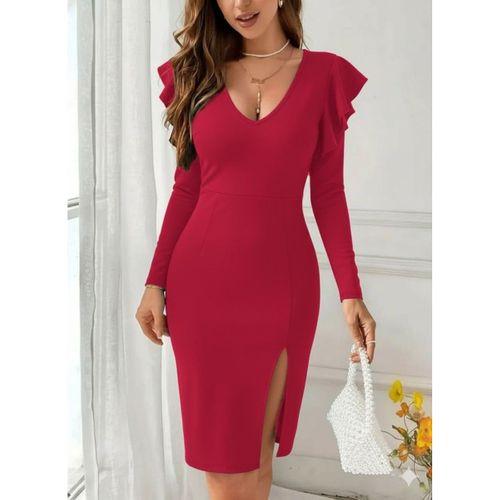 Kadın Uzun Kollu V Yakalı Yandan Yırtmaçlı Midi Ithal Krep Elbise
