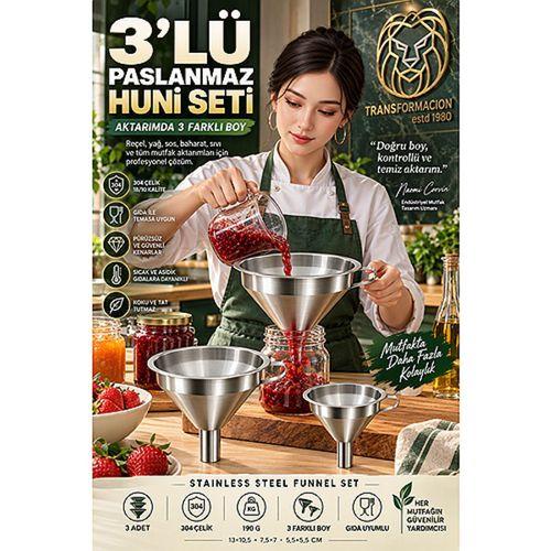 3’lü 18/10 304 Paslanmaz Çelik Huni Seti Mutfak Reçel Yağ Sıvı Aktarma Hunisi 723746