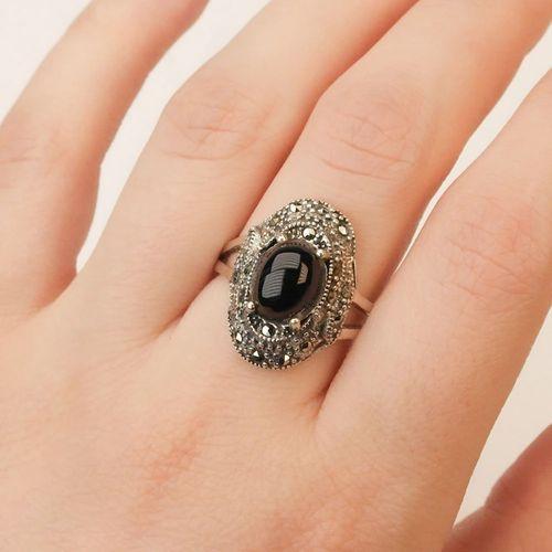 Gümüş Oval Model Oltu Taşı Kaşlı Kadın Yüzük