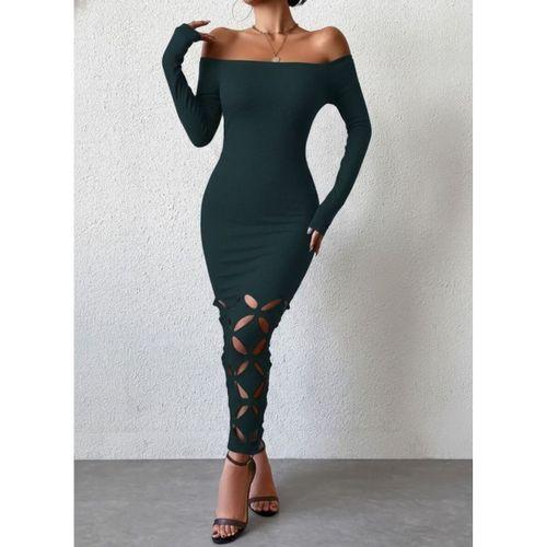 Kadın Madonna Yaka Uzun Kollu Lazer çiçek Kesim Detaylı Uzun Ithal Krep Elbise