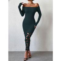 Kadın Madonna Yaka Uzun Kollu Lazer çiçek Kesim Detaylı Uzun Ithal Krep Elbise