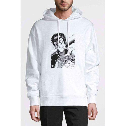 Anime Baskılı Beyaz Erkek Kapşonlu Sweatshirt