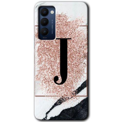 MRCİLETİSİM Tecno Camon 18T Kılıf HD Desen Baskılı Arka Kapak+Temperli Cam - Pembe Mermer Desenli J Harfi