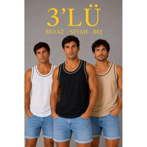 Erkek 3’lü Kolsuz Sporcu Atlet Seti Yazlık Bisiklet Yakalı - Siyah, Bej, Beyaz