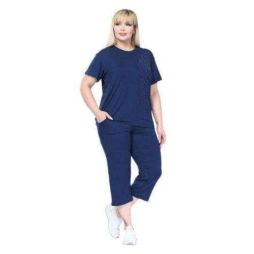 Melsay Butik Lacivert Kısa Kollu Yarım Taş Baskılı Viskon Kapri Takım