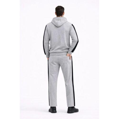 Erkek Şeritli Eşofman Takım Kapüşonlu Sweatshirt Boru Paça Alt, Oversize 3 Iplik Pamuklu - Gri