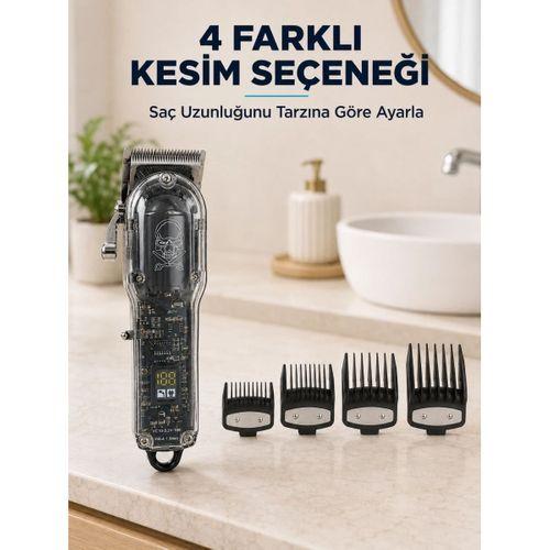 Saç Kesme Ve Tıraş Makinesi 4 Kılavuz Taraklı Ayarlanabilir Bıçaklı Lcd Ekranlı Şarj Edilebilir Profesyonel Tasarım