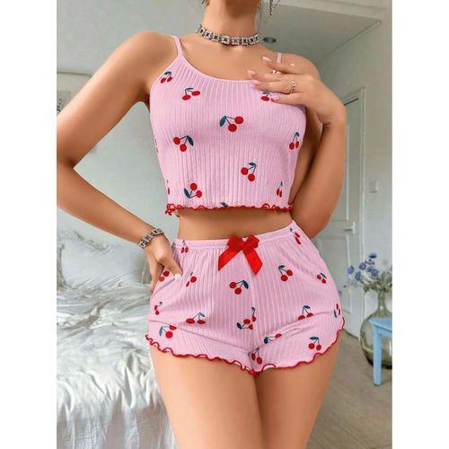 Kadın Pembe Kiraz Desenli Askılı Şortlu Pijama Takımı Rahat Şık 2’li Set