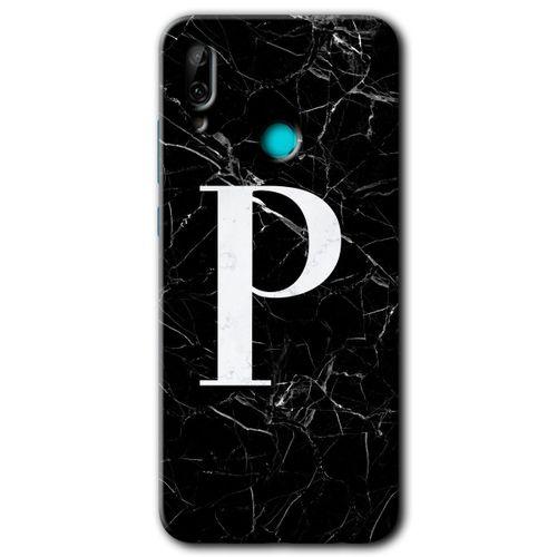 Huawei P smart 2019 Kılıf HD Desen Baskılı Arka Kapak + Temperli Cam - Siyah Mermer Desenli P Harfi