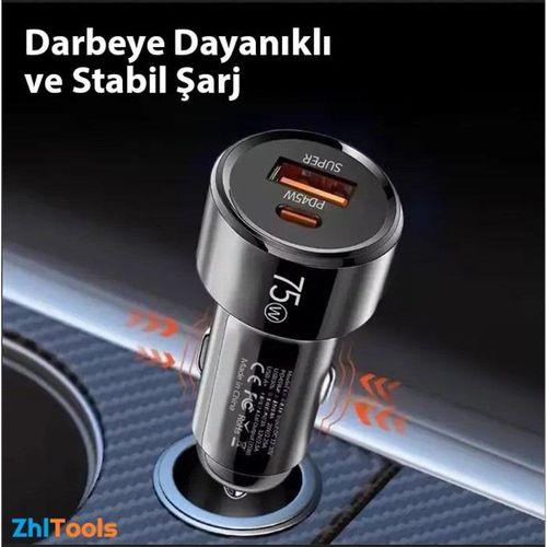 Zhltools 75W 2 Portlu USB Araç Şarj Cihazı Usb-C + Usb+A