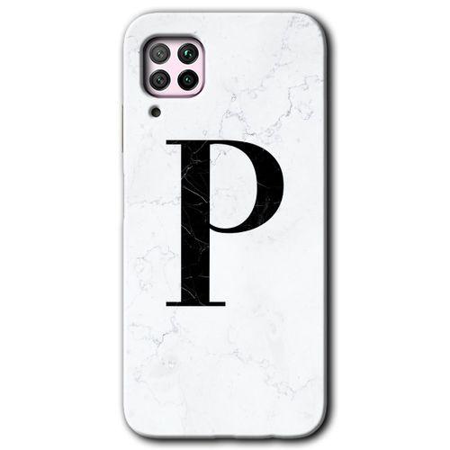 Huawei P40 Lite HD Baskılı Kılıf + 9D Tam Ekran Koruyucu - Beyaz Mermer Desenli P Harfi