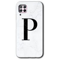 Huawei P40 Lite HD Baskılı Kılıf + 9D Tam Ekran Koruyucu - Beyaz Mermer Desenli P Harfi