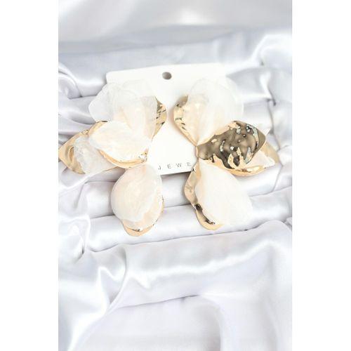 Pirinç Gold Renk Beyaz Tüllü Lotus Kadın Küpe
