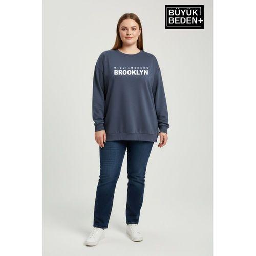 Kadın Büyük Beden Willams Brooklyn Baskılı Bisiklet Yaka ince Sweatshirt SPR26BSW956-16