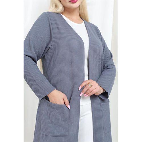 Melsay Butik Büyük Beden Gri Dokulu Örme Kumaş Uzun Kadın Hırka