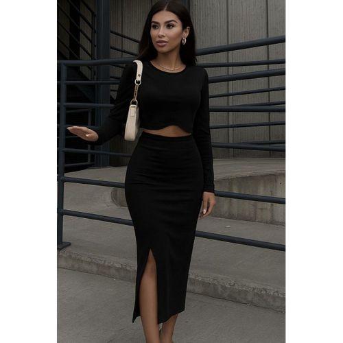 Kadın Uzun Kollu Bisiklet Yaka Kısa Krop Dalgıç Bluz Ile önden Yırtmaçlı Uzun Etek Ikili Takım