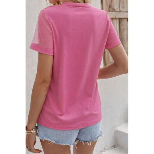 Kadın Kısa Kollu Tül Detaylı Taşlı Janjan Krep Bluz