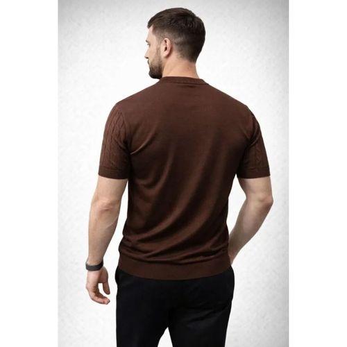 Erkek Yazlık Triko Dokuma Tişört Kısa Kol Bisiklet Yaka Örgü Desenli T-Shirt - Kahverengi